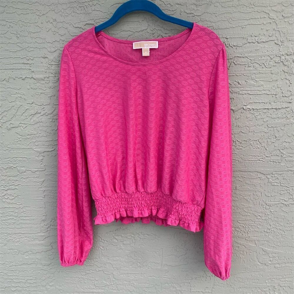 Michael Kors Women's Faux-Eyelet Smocked Top Cerise Pink Balloon Sleeve